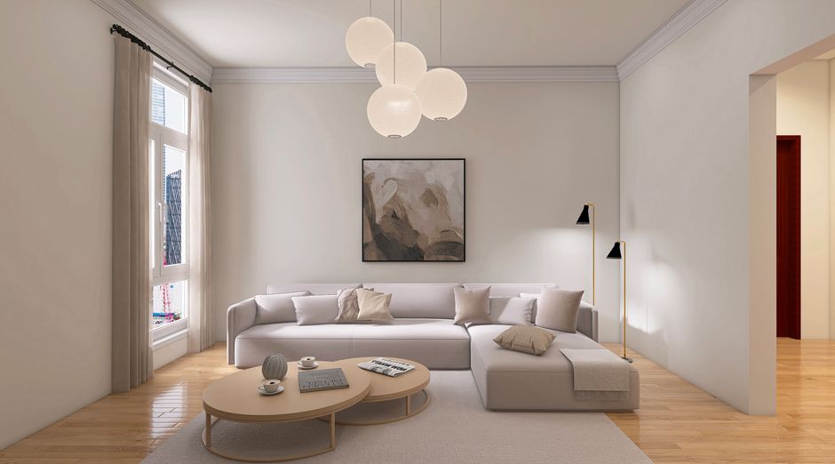 Een moderne woonkamer met zuivere witte muren.